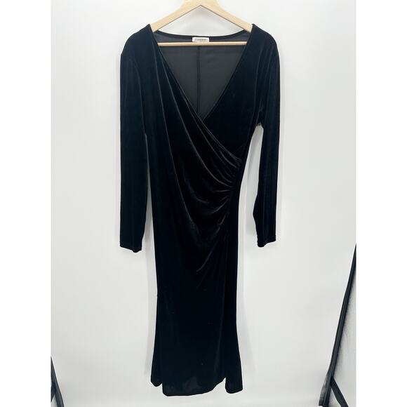 Zaberry Women Black Faux Wrap Velvet Bodycon Long Sleeve Midi Dress Size L - Picture 1 of 7